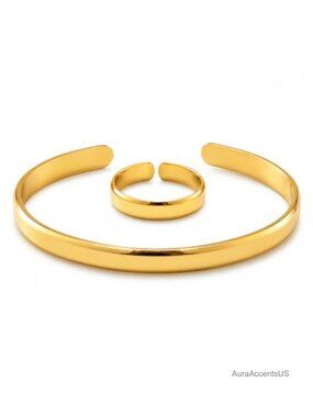 Waterproof 18K Gold Cuff Bracelet & Ring Set Adjustable Stainless Steel